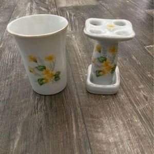 Vintage Porcelain Toothbrush Holder And Cup Bathroom Set